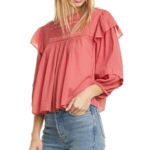 Free People Laura cotton oversized smock top long sleeve size Small Coral Berry